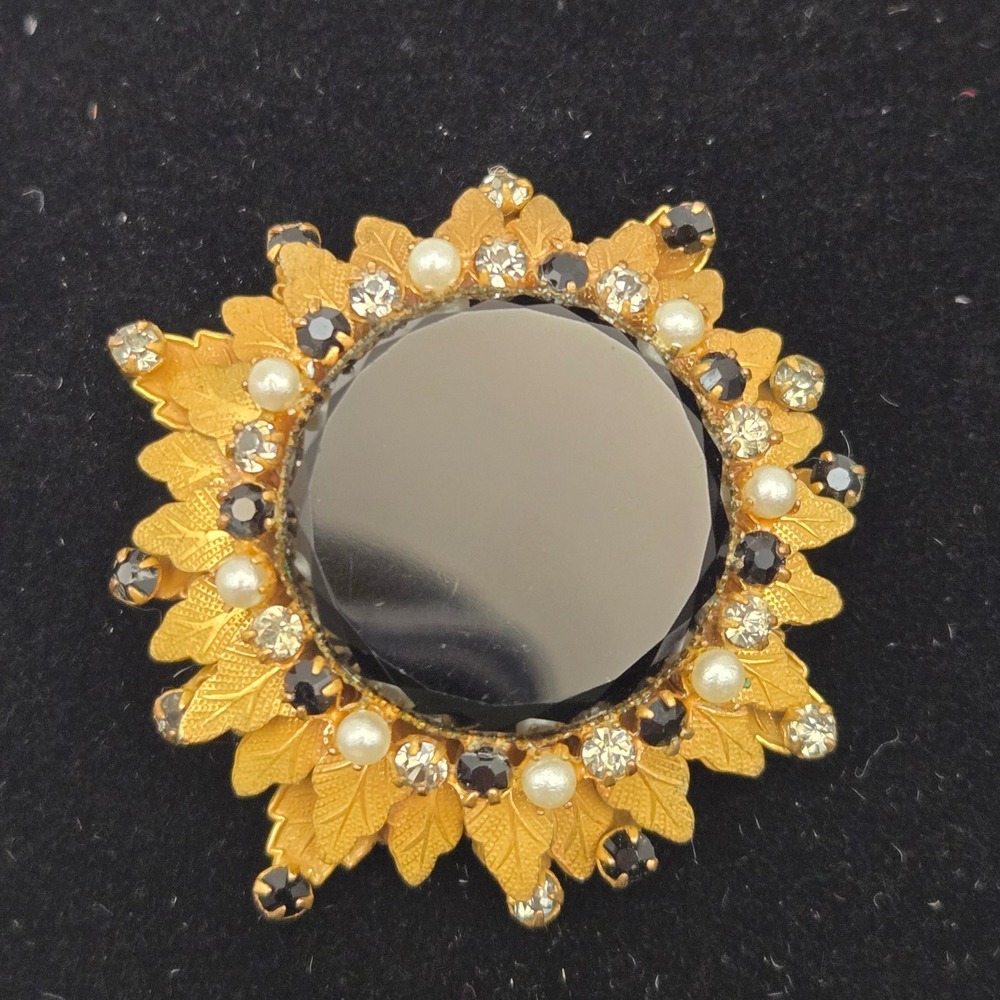 Original by Robert 2" Black Rhinestone Pearl Leaf Brooch Pendant Women Vintage